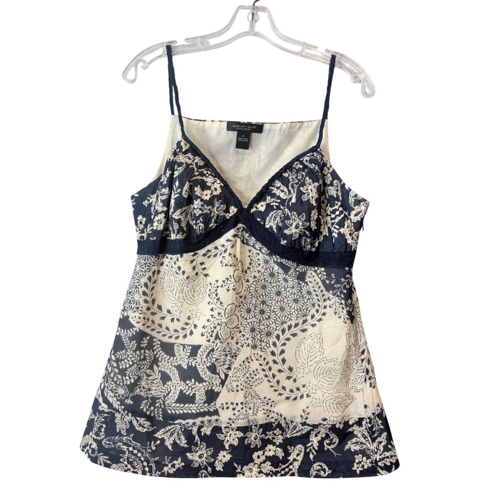August Silk Camisole Women 10 Blue Boho Floral Paisley Coquette Romantic Prairie